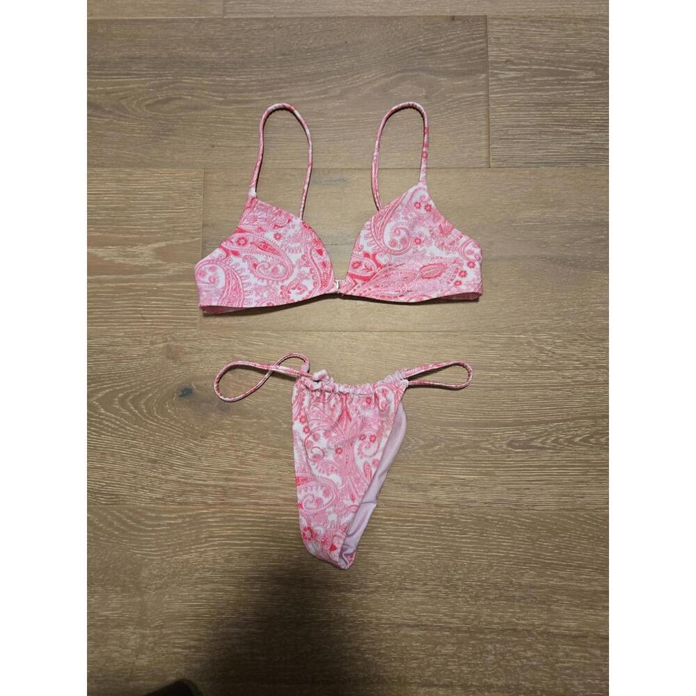 Frankie's Bikinis Pink Paisley String Thong and Triangle Bikini Top